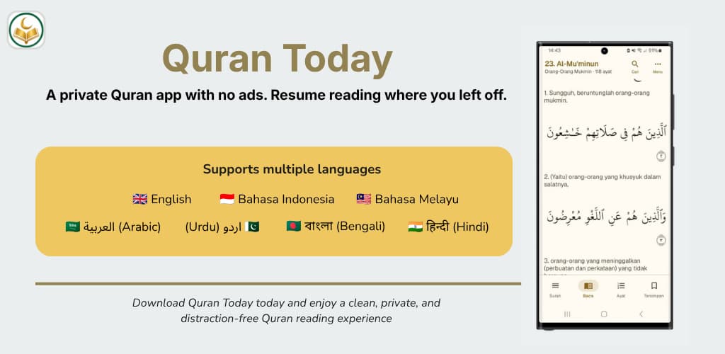 Quran Today: Aplikasi Al-Qur’an Tanpa Iklan yang Dirancang untuk Membaca